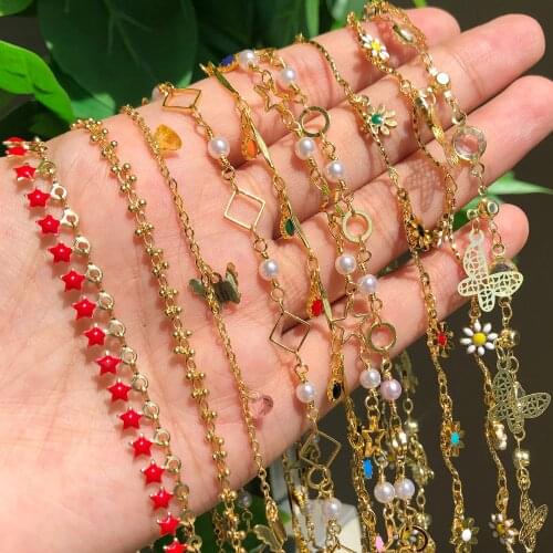 1M Gold Color Stainless Steel Heart Star Butterfly Crystal Beads Chains for Bracelet Anklets Making DIY Jewelry Accessories