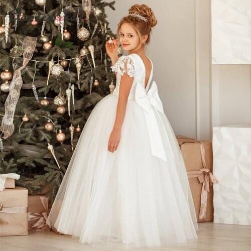 Ivory Lace Flower Girl Dresses Tulle Purry Princess Dress Short Sleeve Kids Baby Dress Bow Net Girl Birthday Frist Communion