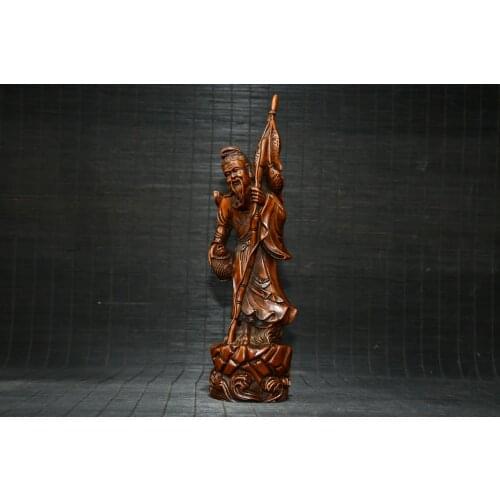 10"China Lucky Old Boxwood Hand-carved Fisherman statue Sculpture Take the fishing cage Office Ornaments Town House Exorcism