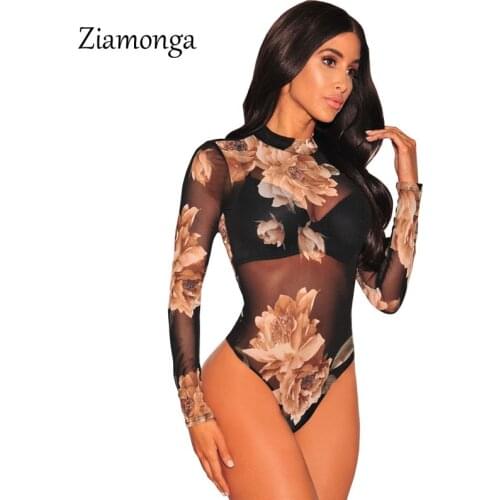 Ziamonga Long Sleeve Flower Print Mesh Bodysuit Women Sheer Turtleneck Lace Bodycon Overalls Sexy Club Jumpsuits Women Rompers