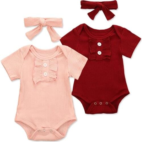 Newborn Girls Baby Clothing Set Headband Cute Kids Girls Bodysuits Summer Solid Vacation Infant Clothes Set Lovely Babies Outfit
