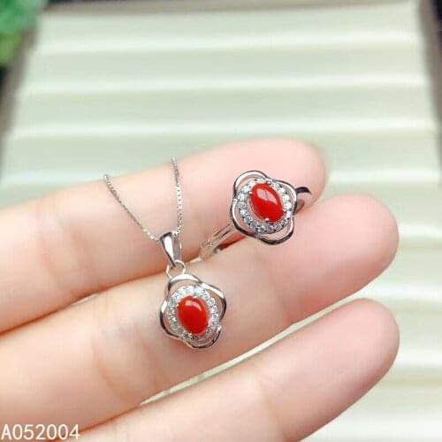 KJJEAXCMY Fine Jewelry 925 sterling silver inlaid natural red coral female ring pendant set lovely Support detection