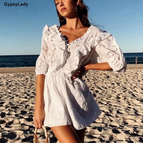 GypsyLady Lace Whtie Vintage Mini Dress Women Sexy Summer Beach Dresses Button Front Evelet Sheer Fairy Causal Chic Ladies Dress