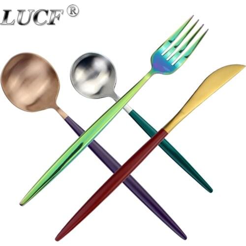 LUCF Popular Stainless Steel Western Cutlery Colorful Mirror 4 in 1 set Thicker Material Utensils Dinnerware Set For Restaurant