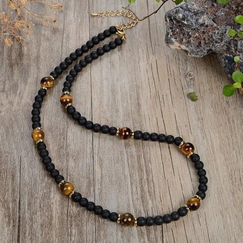 Fashion classic retro necklace for men and women matte black natural tigers eye kyanite picture stone jewelry gifts