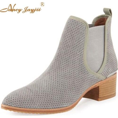 Nancyjayjii Chelsea Boots Polka Dot Women Fashion Ventilate Perforated Suede Ankle Boots Gray Back Tab Eases Pull-On Style