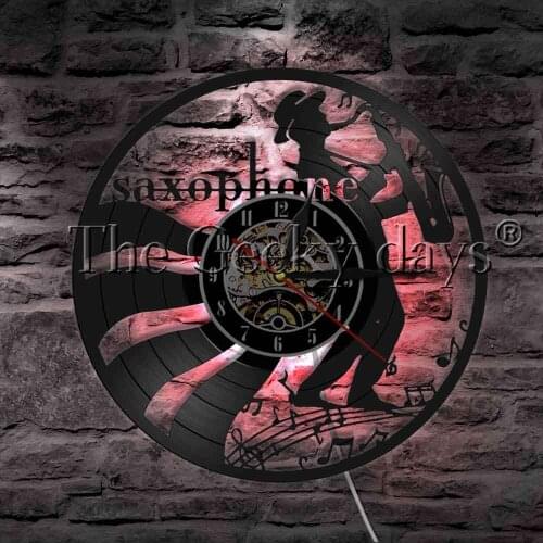 Saxophone Jazz Music Band Wall Watch Decorative Lighting Vinyl Record Wall Clock Musical Instrument LED Night Light