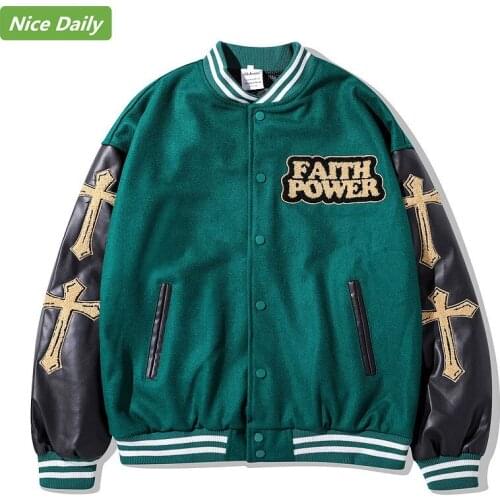 NiceDaily Winter Jacket Men Cross Embroidered Baseball Uniform Jacket Rap Streetwear Loose PU Leather Stitching Couple Jacket
