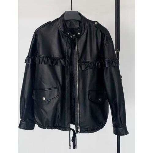 Genuine Leather 2021 Spring New Leather Leather Womens Short Leather Jacket Sheepskin Ruffles Were Thin Drawstring Jacket Tide