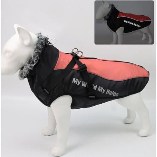 Fall And Winter Waterproof Defend Cold Warm Cotton Pet Dog Clothes With Harness High Collar Windproof Reflective Strip