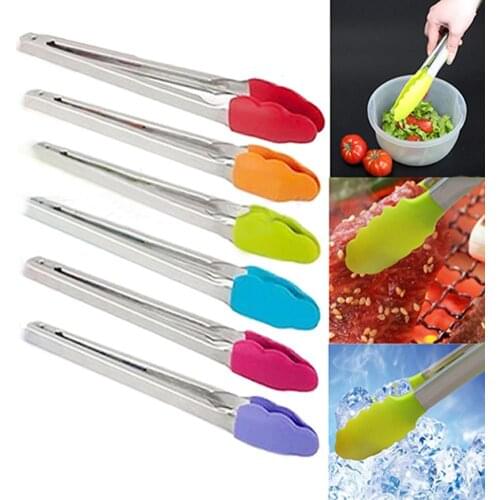 Food Grade Silicone Cooking Salad Stainless Steel Handle Serving BBQ Tongs Kitchen Utensil Salad Serving BBQ tools Clamp