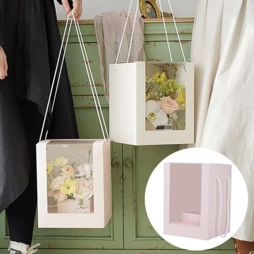 Portable Flower Box Flower Gift Paper Boxes Clear Window Transparant Square Portable Gift Packing Boxes Gift Bag
