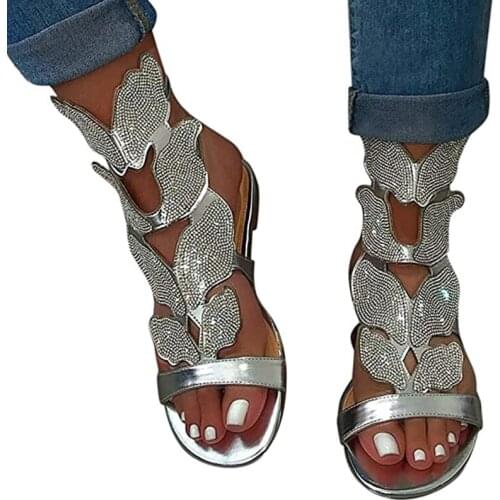 Rhinestone Gladiator Sandals Flat Butterfly-Shape Shoes for Women Bridal Wedding JL