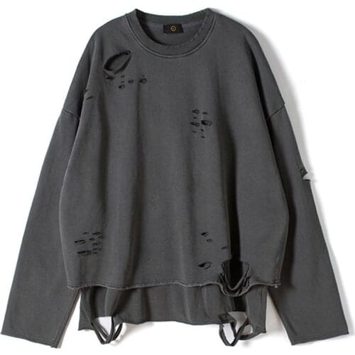 Vintage Aging Breaking Cutting Sweatshirt Streetwear Loose Pullover Hole Fashion Oversize Sweatshirts Autumn Tops Cotton HH544