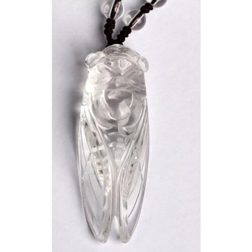 FYJS Unique Handmade Weave Natural Clear Quartz Engraved Cicada Pendant Long Beads Chain Necklace Fashion Jewelry