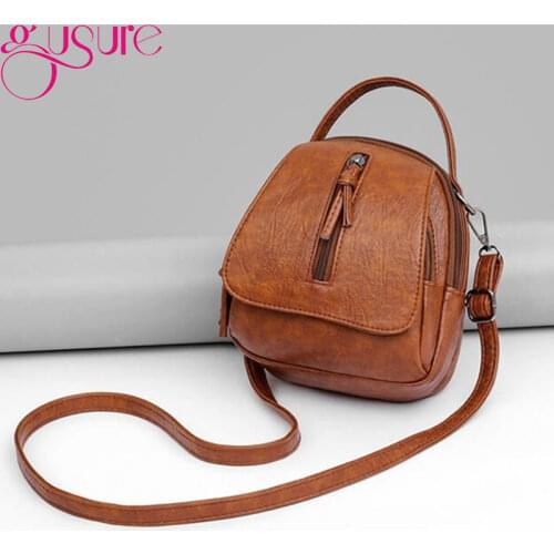 Gusure Vintage Soft Leather Shoulder Bags for Women Multi-compartment Female Handbags Small Crossbody Tote Zipper Bags
