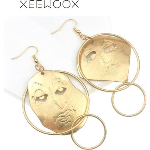 XEEWOOX Big Fashion Two Different Abstract Face Earrings For Women Bohemian Creative Gold Color Circle Drop Earrings Punk Gift