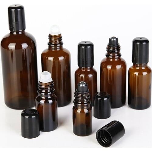 12pcs/lot Amber Glass Roll On Bottle Empty Essential Oil Bottle With Black Metal Rollon 5ml 10ml 15ml 20ml 30ml 50ml 100ml