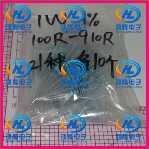 210PCS/lot 1W 21values each values 10pcs Metal Film Resistor Kit 100R-910R Resistor Pack 1W 1% samples psck Assorted Kit