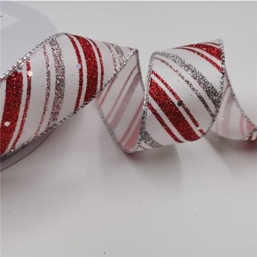 38MM 25yards Wired Edge Ribbon Silver Red Twill Stripe for Festival Christmas Decoration New Year Gift Wrapping