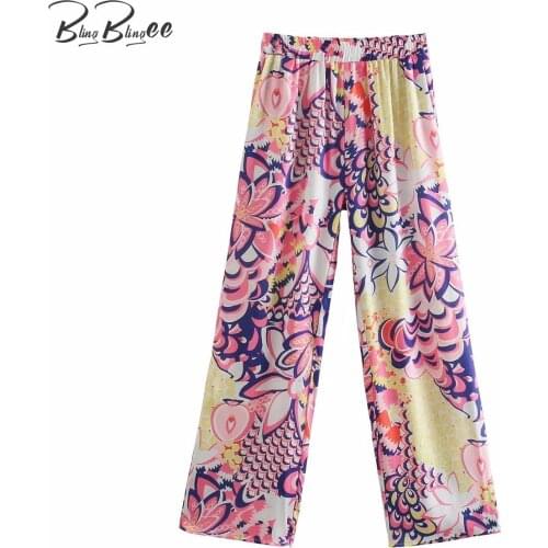 BlingBlingee Ornate Print Summer Casual Holiday Beach Wear Loose Long Pants Summer Elastic High Waist Women Straight Pants