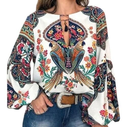 Women Shirts Blouses Floral Print Lantern Long Sleeve Shirt Blouse O Neck Women Tops Boho Bohemian Clothing Plus Size 5XL 2020