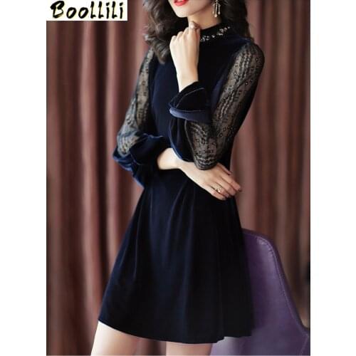 Boollili Spring Autumn Velvet Dress Women Clothes 2020 Vintage Elegant Mini Dress Women Black Mesh Dress Ladies Dress Vestidos