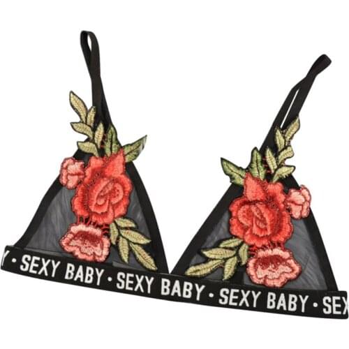 Good Quality Push Up Bra Lingerie Wire free Bra Deep V Black Flower With Straps Letter Printed Embroidered Bralette Top