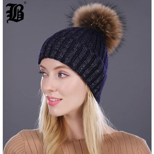 [FLB] Winter Hat Lady Beanies Cap Girl Fur Pom Poms And Wool Knitted Rhinestone Hat New Gorros Thick Female Hats For Women Cap