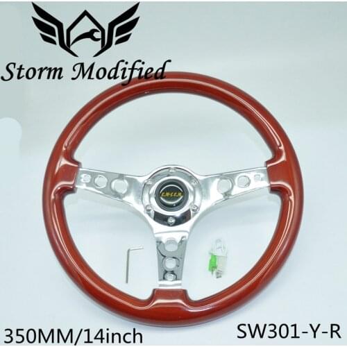 Red Universal Pure Wooden Steering Wheel Classic 350MM 14inch Car Brown Mahogany Wood 3 Electroplated Steel Spoke SW301-Y