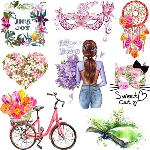 Fashion Girl Heat Transfer For Clothes Colorful Flower Iron on Patches Thermo Stickers Cartoon Iron-on transfers For Clothing