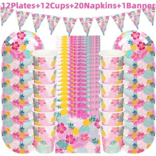 45pcs/set Hawaii Tropical Plants Flowers Disposable Tableware Summer Paper Plates Cups Napkins Luau Birthday Party Decorations