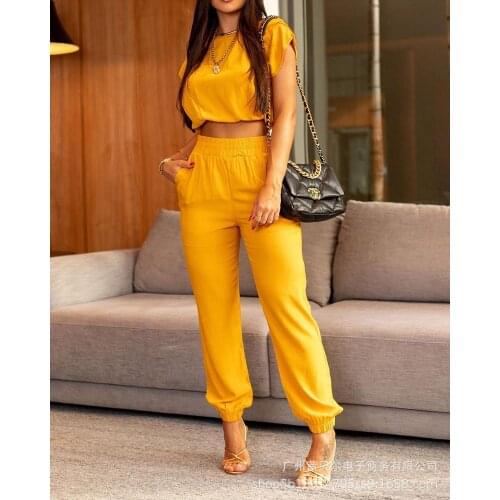2021 summer new ladies yellow casual suit wide leg pants 2-piece set