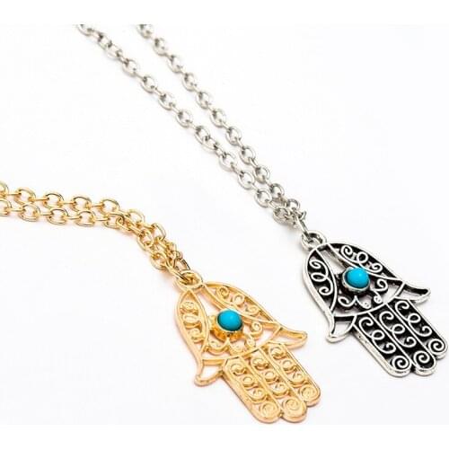 New Retro Fatima Amulet Hollow Hand Pendant Necklace For Women Fashion National Style Blue Bead Charm Necklace Party Jewelry