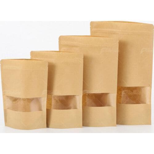 New 100 Pcs Packaging Kraft Paper Stand Up Zipper Pouch Bag With Window Resealable Zip Closure Heat Seal For Food Packaging