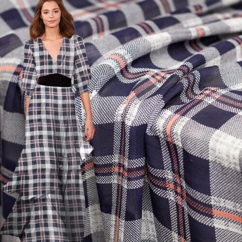 Pearlsilk 12momme Navyblue Plaid Printed Elastic Georgette Silk Materials Shirt Dress DIY clothes fabrics Freeshipping