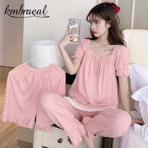 3 Piece Pajamas for Women Cotton Summer Sleepwear Wseet Girl Nightwear Short-sleeved Trousers Soft Homewear Female Plus Size 2xl