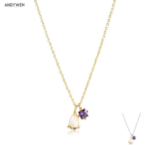 ANDYWEN 925 Sterling Silver Modern Champagne Ovals Pendant Purple Charms Long Chains Necklace 2020 Rock Punk Jewelry Making