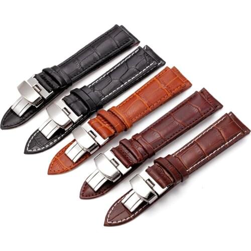 18/20/22/24mm Men Women Butterfly Buckle Strap Cowhide Watchband Replacement Unisex Watch Accessory