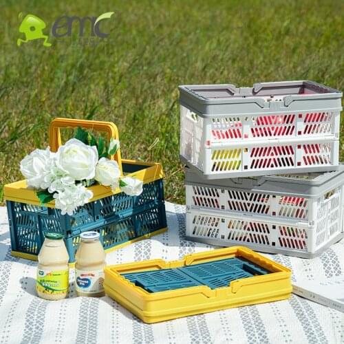 Collapsible Plastic Shopping Baskets Stackable Folding Grocery Folding Warehouse Storage Crate with Handle Food Milk Toys Books