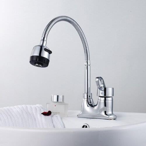 Kitchen Wash Basin Faucet Copper 360 Degree Rotatable Faucet Hot Cold Mixer Water Tap Single Handle Double Hole Deck Mounted Tap