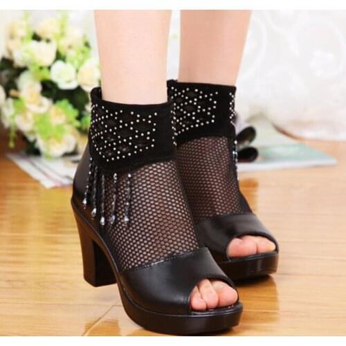 Fashion Summer Women Sandals Lace Mesh Zip Peep Toe Female Pumps Womens Square High Heel chain Fashion Shoes Ladies Plus Size