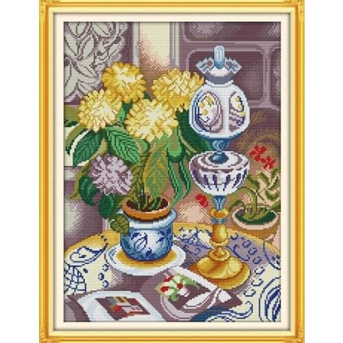 Chrysanthemum Vase Cotton Canvas Cross Stitch Kits 100% Accurate 11CT Printed Embroidery DIY Handmade Needle Work Home Decor