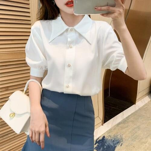Vintage Pointed Collar Shirt Casual All-match Short-sleeve Womens White Shirts 2021 Summer Fashion Korean Style Blouses and Tops