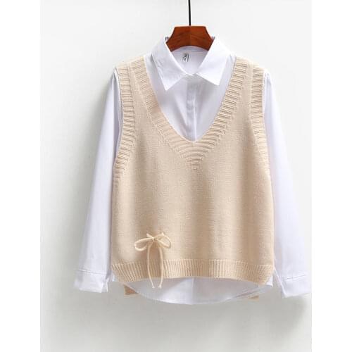 Women 2021 Spring Autumn Fashion 2 Piece Sets Female V-neck Knitted Sweater Vest Ladies Loose Solid Color Blouses Suits E324