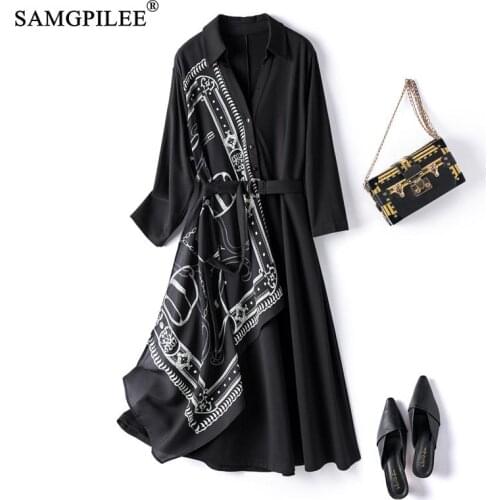 Spring Dresses For Women 2021 New Fashion Contrast Printing Silk Scarf Stitching Slim Mid Length Plus Size Summer Woman Dress