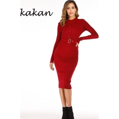 Kakan button round neck slim knit sweater dress 2019 autumn and winter hot sale solid color womens sweater dress