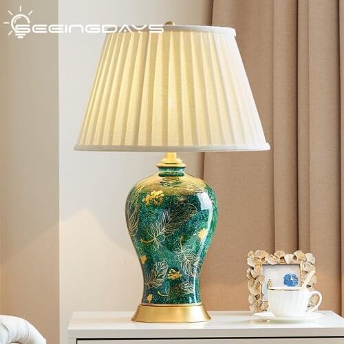 40x65cm Luxury Retro New Chinese Style Hand Painted Golden Leaf Green Ceramic Table Lamp For Living Room Bedroom Bedside Lamp