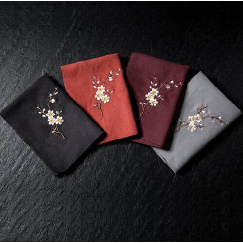5pcs Vintage Embroidered Tea Napkins Cloth Plum Flower Pattern Bowl Teapot Cleaning Towel Desktop Tea Ceremony Accessory