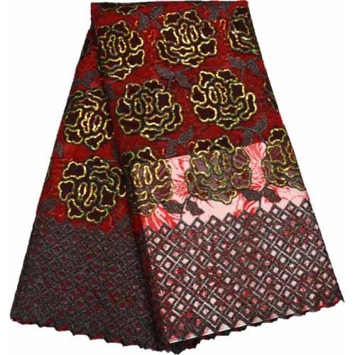 5yards/pc) high quality wine red African organza lace fabric with wonderful velvet roses and gold sequins for party dress OP65